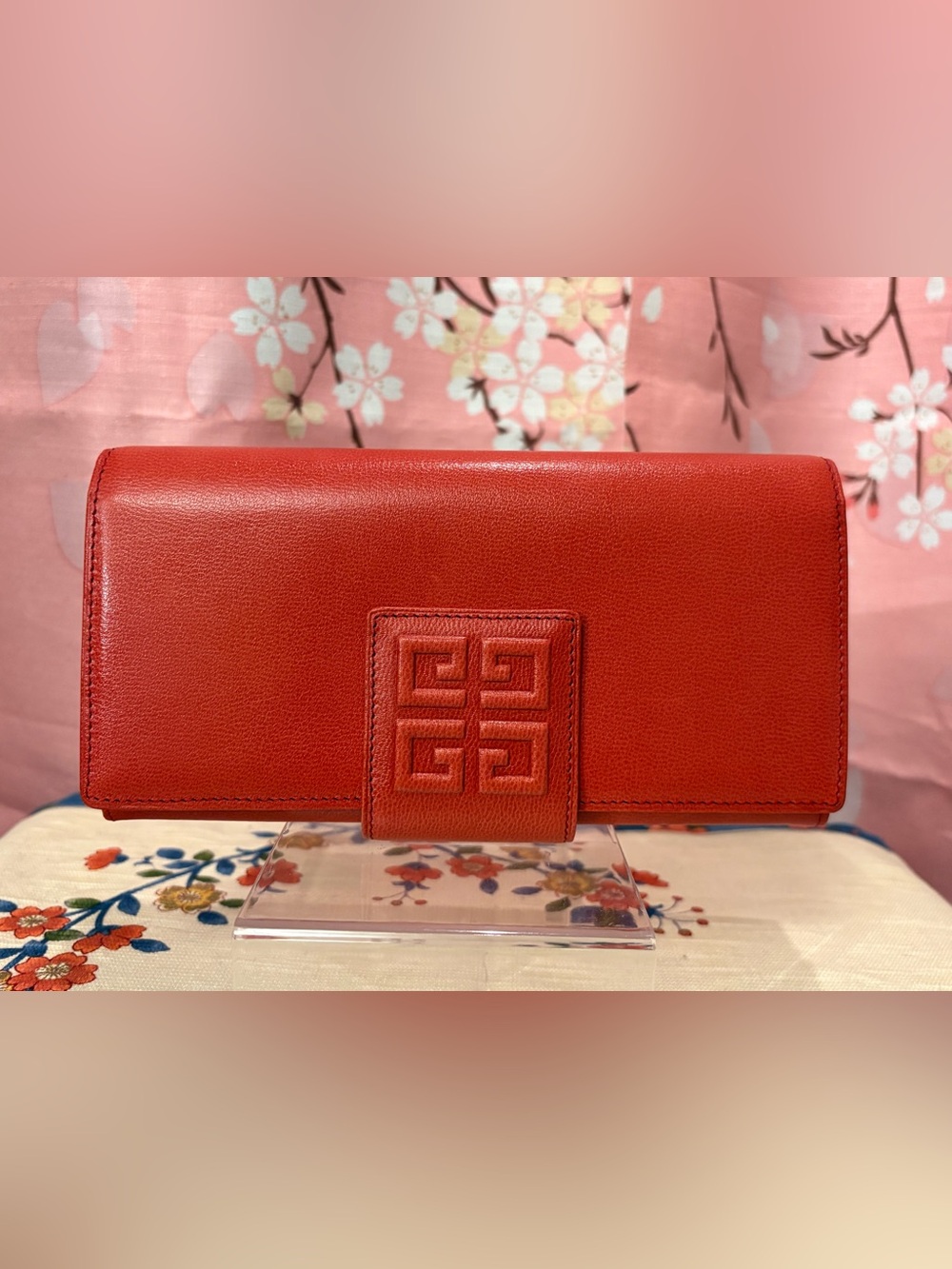 Givenchy Calfskin Leather Continental Long Wallet Clutch WOC Red Vintage COA